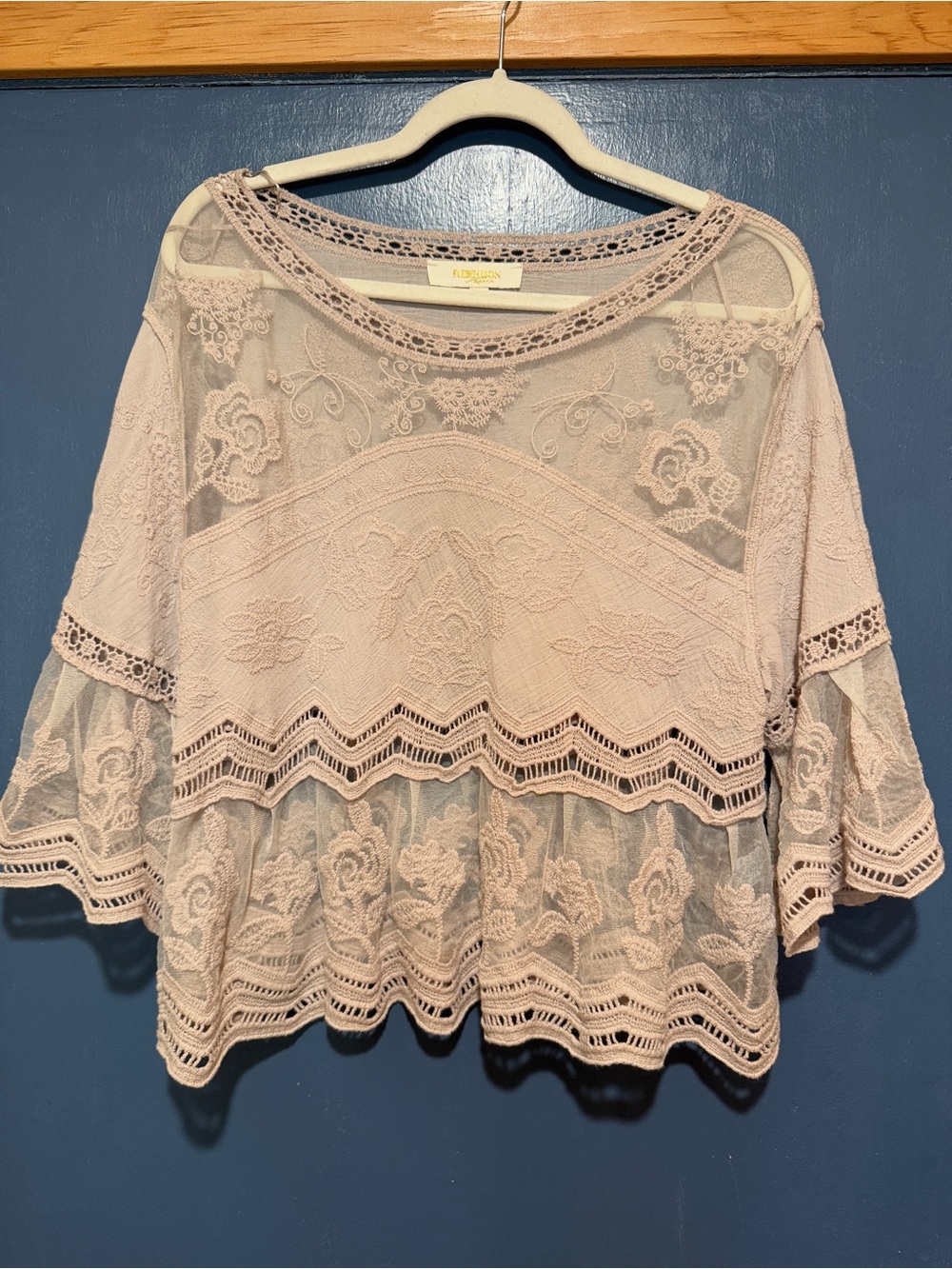 Rebellion Embroidered Lace Peasant Top - Sheer/Beige Light Tan - Top- XL